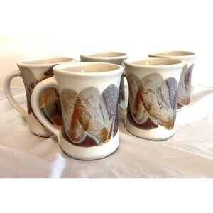 Vintage KRAVEC Studios Art Pottery Coffee Mugs Purple Gray White Glaze 5 Pieces